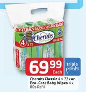 Cherubs Classic 4 x 72s or Eco-Care Baby Wipes 4 x 80s Refill-Each