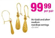 9ct Gold and Silver Medium Teardrop Earrings-Per Pair