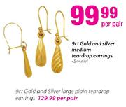 9ct Gold and Silver Large Plain Teardrop Earrings-Per Pair
