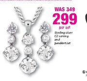 Sterling Silver CZ Earrings And Pendant Set-Per Set
