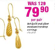  9ct Gold And Silver Medium Teartop Earrings-Per Pair