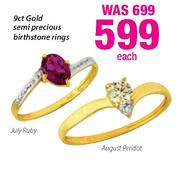 9ct Gold Semi Precious Birthstone Rings Each