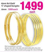 9ct Gold 'C' Shaped Bangles-4mm Each