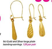 9ct Gold And Silver Large Plain Teardrop Earring Banded-Per Pair
