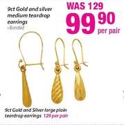 9ct Gold And Silver Medium Teardrop Earring Banded-Per Pair
