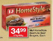 I&J Homestyle Beef/Lite Beef Burgers-570gm/600gm Each