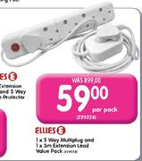 Ellies 1x5Way Multiplug & 1x3m Extension Lead Pack 