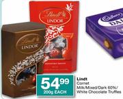 Lindt Cornet Milk/Mixed/Dark 60%/White Chocolate Truffles-200g Each