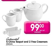 Continental China Teapot and 2 Free Creamers-Per Set