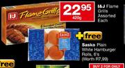 I&J Flame Grills Assorted-420g Each + Free Sasko Plain White Hamburger Rolls-6's