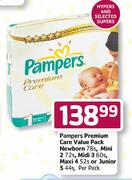 Pampers Premium Care Value Pack Newborn-78's, Mini 2-72's Or Midi 3-60's-Per Pack