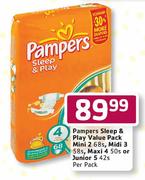 Pampers Sleep & Play Value Pack Mini 2-68's, Midi 3-58's, Maxi 4-50's Or Junior 5-42's-Per Pack