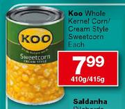 Koo Whole Kernel Corn/Cream Style Sweetcorn Each-410g/415g