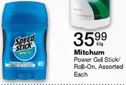 Mitchum Power Gel Stick/Roll-On Assorted-63g Each
