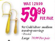 Gold/Silver Large Teardrop Earrings-9ct Per Pair