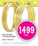 9ct Gold 'C' Shaped Bangles-6mm Each