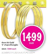 9ct Gold 'C' Shaped Bangles-4mm Each