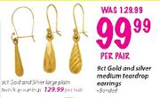 9ct Gold And Silver Medium Teardrop Earrings-Per Pair