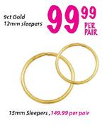9ct Gold 12mm Sleepers-Per Pair