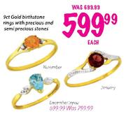 9ct Gold Birthstone Rings With Precious And Semi Precious Stones Each