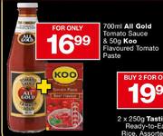 All Gold Tomato Sauce 700ml + Koo Flavoured Tomato Paste 50gm