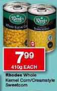 Rhodes Whole Kernel Corn/Creamstyle Sweetcorn-410g Each