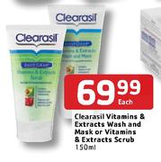 Clearasil Vitamins & Extracts Wash And Mask Or Vitamins & Extracts Scrub-150ml Each