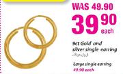 9ct Gold and Silver Single Earring Each