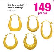 9ct Gold and Silver Creole Earrings-Per Pair
