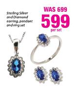 Sterling Silver and Diamond Earring,Pendant and Ring Set-Per Set