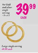 9ct Gold and Silver Single Earring(Bonded)-Each