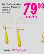  9ct Gold and Silver Medium Teardrop Earrings(Bonded)-Per Pair