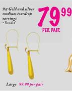 9ct Gold and Silver Large Teardrop Earrings-Per Pair