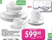 Noritake 20 piece Arctic White Dinner Set + Free 4 Pack Luigi Bormiolo Eden Whisky Glasses-Per Set