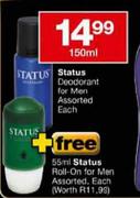 Status Deodrant for Men Assorted-150ml Each + Free Status Roll-On for Men Assorted 55ml Each