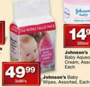 Johnson's Baby Wipes, Assorted, Each-3 x 60's