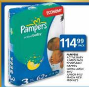 Pampers Active Baby Jumbo Pack Disposable Nappies-40's/44's/48's/62's per pack