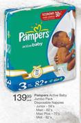 Pampers Active Baby Jumbo Pack Disposable Nappies Maxi Plus-70's/MIdi-82's-Per Pack