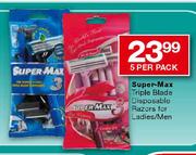 Super-Max Triple Blade Disposable Razors for Ladies/Men-5 Per Pack
