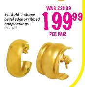 9ct Gold C-Shape Bevel Edge or Ribbed Hoop Earrings-per pair