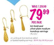 9ct Gold and Silver Plain Medium Teardrop Earrings-per pair