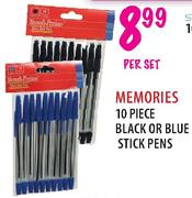 Memories Black Or Blue Stick Pens-10 Piece Per Set