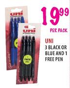 Uni 3 Black Or Blue And 1 Free Pen-Per Pack