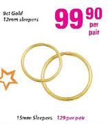 9ct Gold Sleepers-15mm-Per Pair