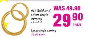 9ct Gold and Silver Single Earring Each