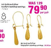 9ct Gold and Silver Medium Teardrop Earrings-Per Pair
