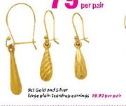 9ct Gold and Silver Large Plain Teardrop Earrings-Per Pair