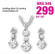 Sterling Silver CZ Earring and Pendant Set-Per Set