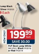 PnP Desk Lamp White (SM12947), Black (PP201B) Or Red (PP201R)-Each