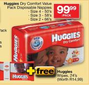 Huggies Dry Comfort Value Pack Disposable Nappies Size4-50's,Size3-58's,Size2-66's-Per Pack